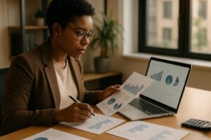 JUMA Accounting bookkeeper reviewing financial reports in Waterbury CT office