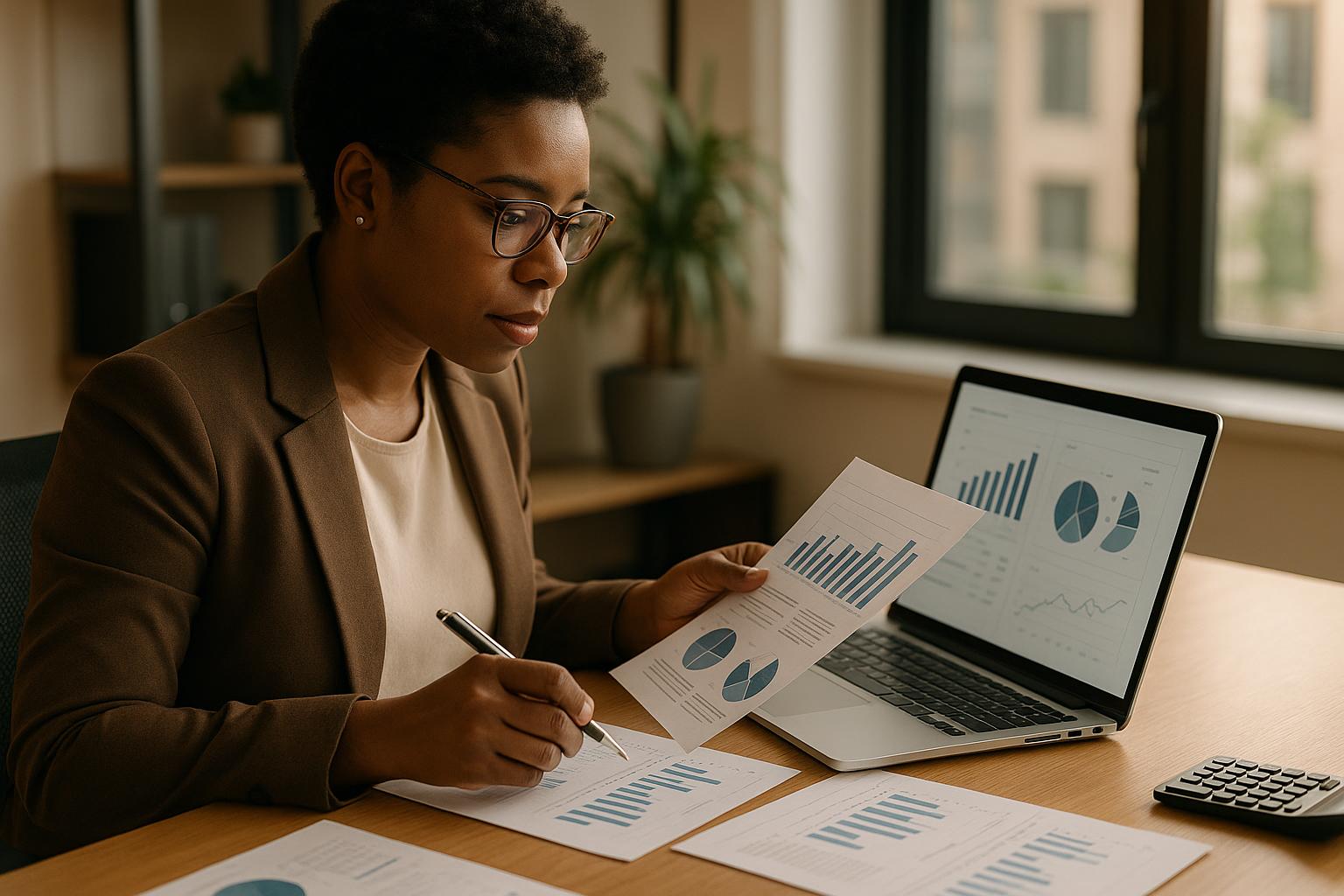 JUMA Accounting bookkeeper reviewing financial reports in Waterbury CT office