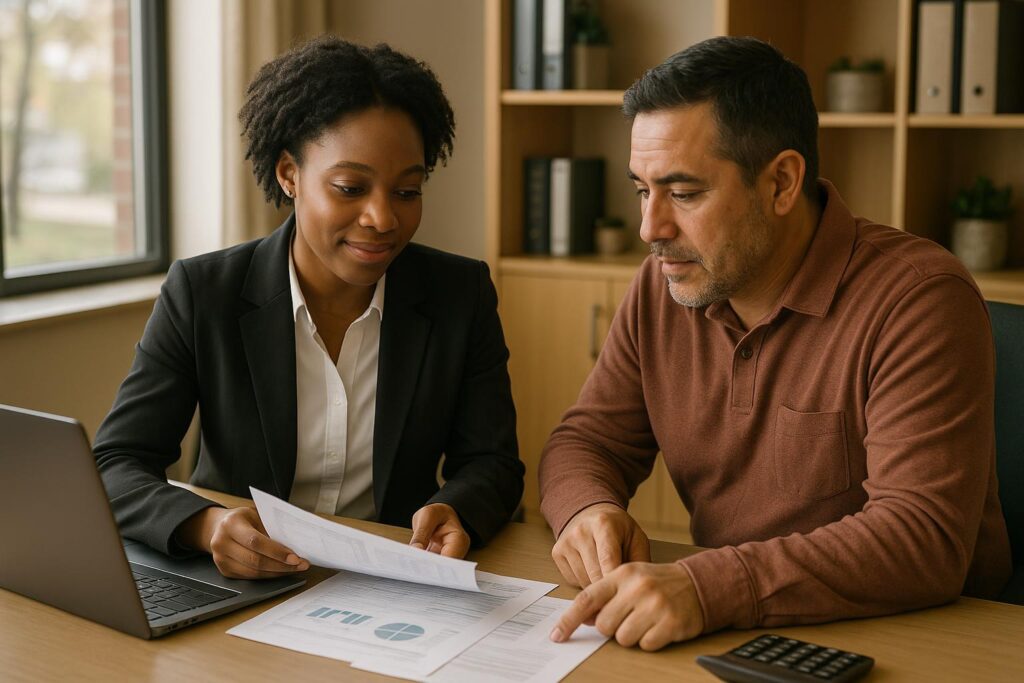 Accountant consulting with a small business owner in Waterbury CT office reviewing financial documents