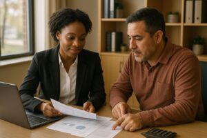 Accountant consulting with a small business owner in Waterbury CT office reviewing financial documents