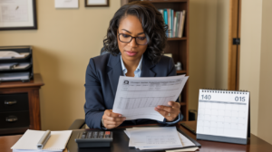 Accountant reviewing quarterly estimated tax documents and a calendar at a desk in a Connecticut small business office