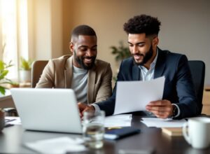 Connecticut small business owner and JUMA accountant reviewing SAM.gov registration and minority business certification paperwork